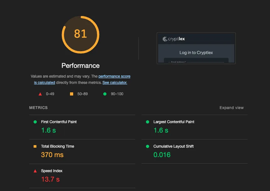 "A lighthouse performance score of 81 with a 1.6 second FCP, 1.6 second LCP, 370ms blocking time, and 0.016 CLS."